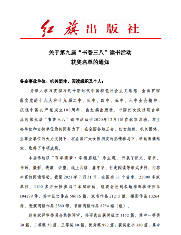 集团6名职工在全国第九届“书香三八”读书活动中获奖